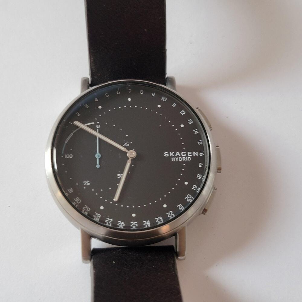 Skagen Hybrid Signatur Watch Mens Black Dial Brown Leather Band Quartz Smart